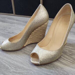 Christian Louboutin Espadrilles Gold Glitter Peep Toe Rope Wedges